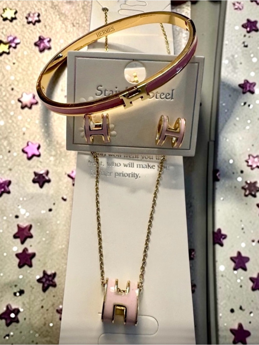 Pink and Gold  small pendant Necklace bangle  Bracelet, Earrings